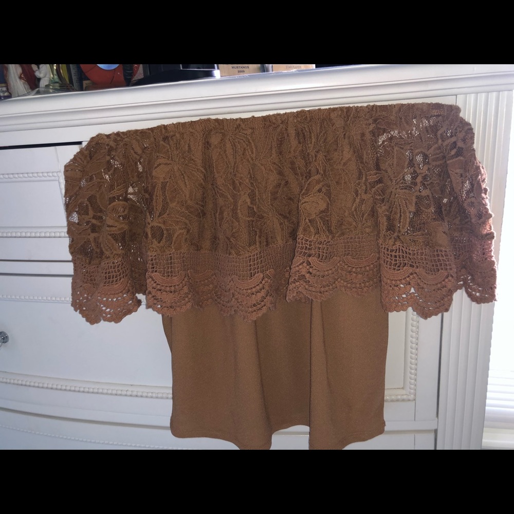 Off the Shoulder Brown Lace Shirt